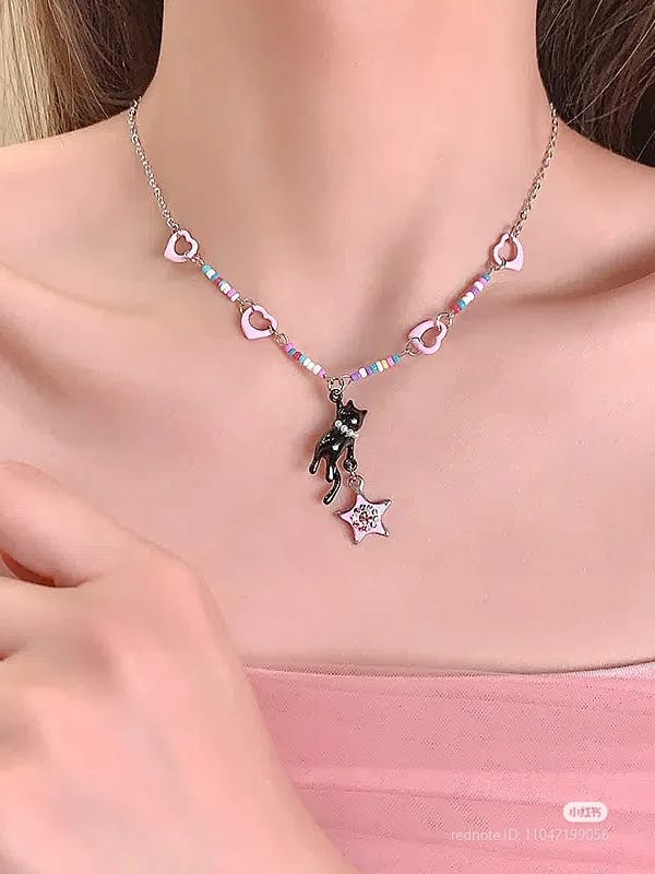 Black cat pink heart necklace