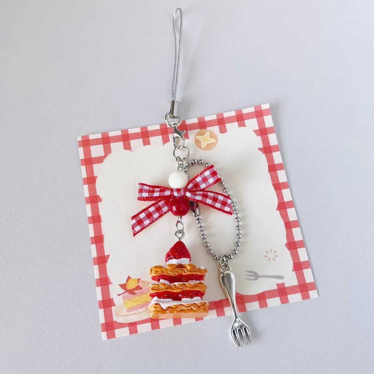Strawberry cake charm keychain