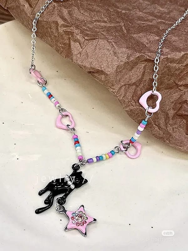 Black cat pink heart necklace