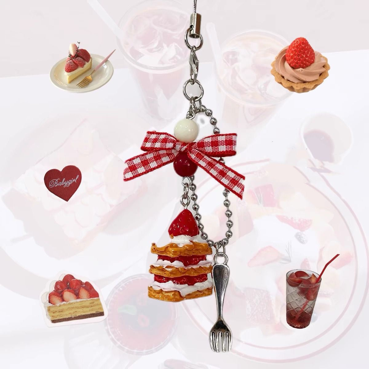 Strawberry cake charm keychain