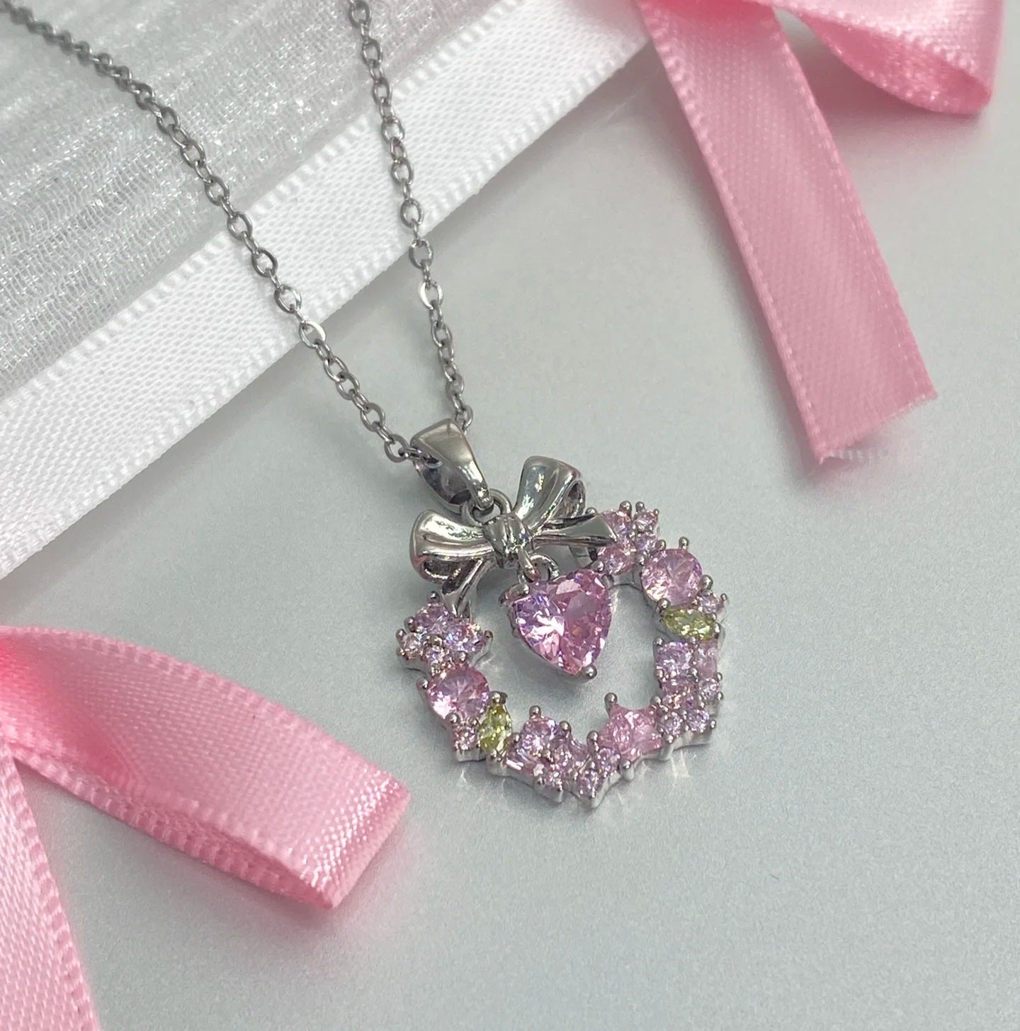 Pink crystal bow necklace