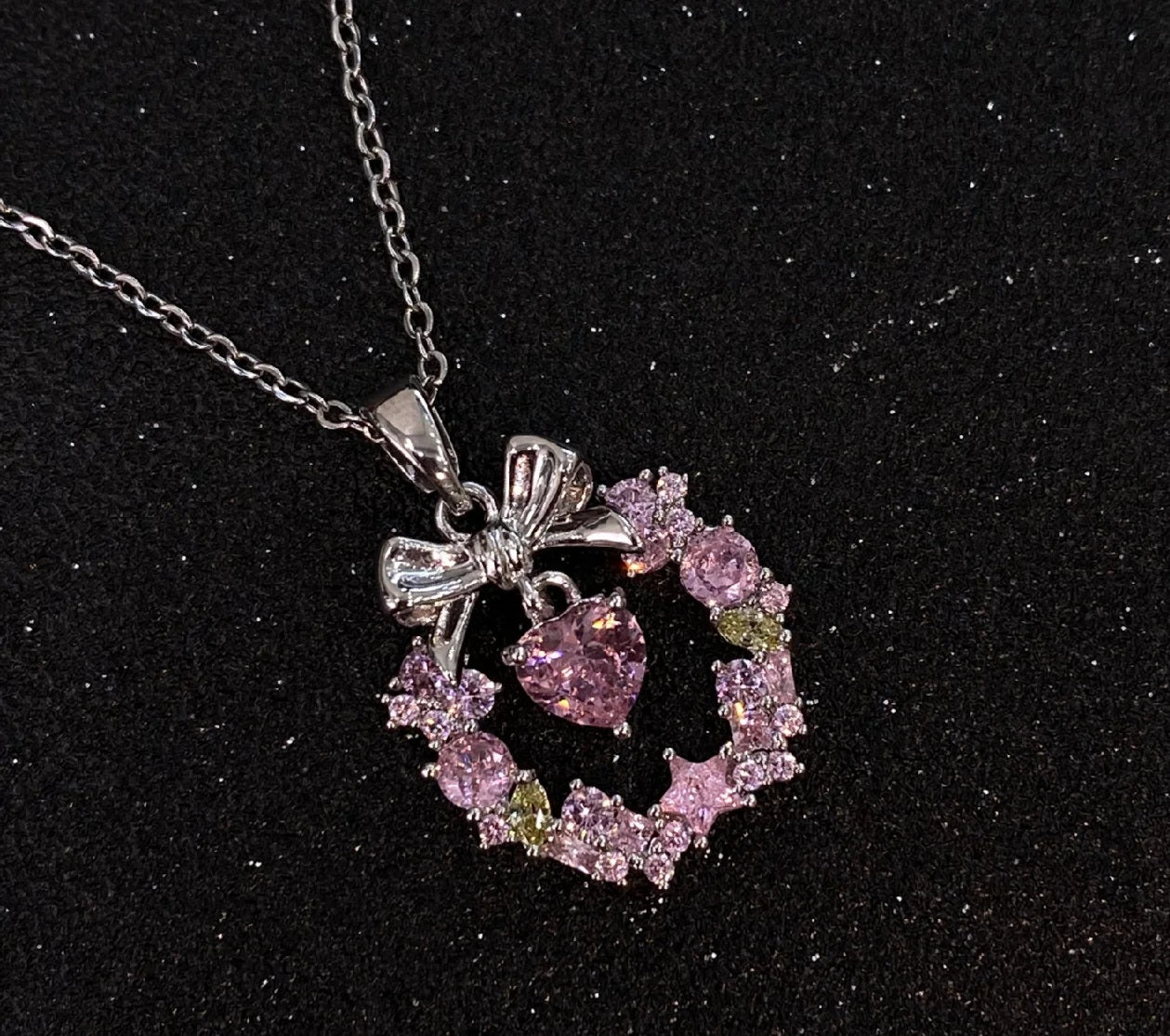 Pink crystal bow necklace