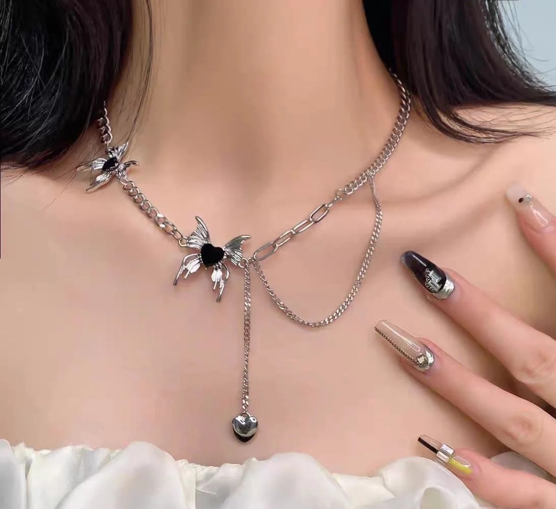 Black heart butterfly necklace