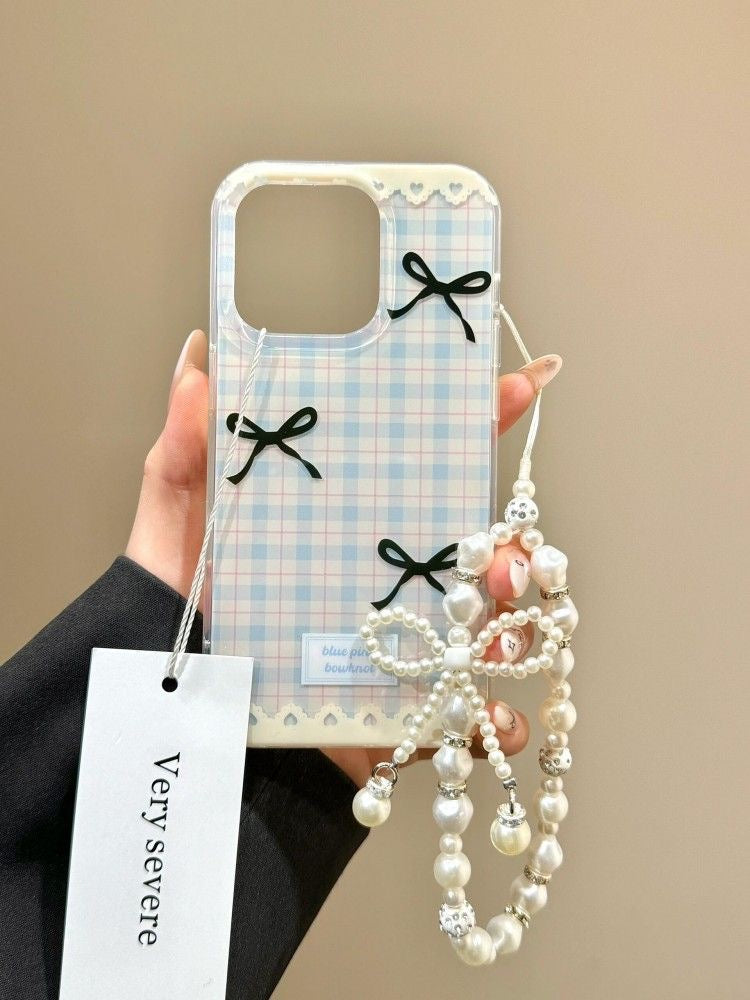 Checkered print black bow iphone case