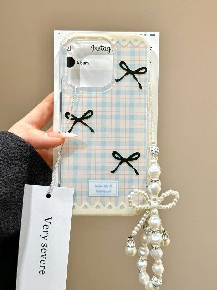 Checkered print black bow iphone case