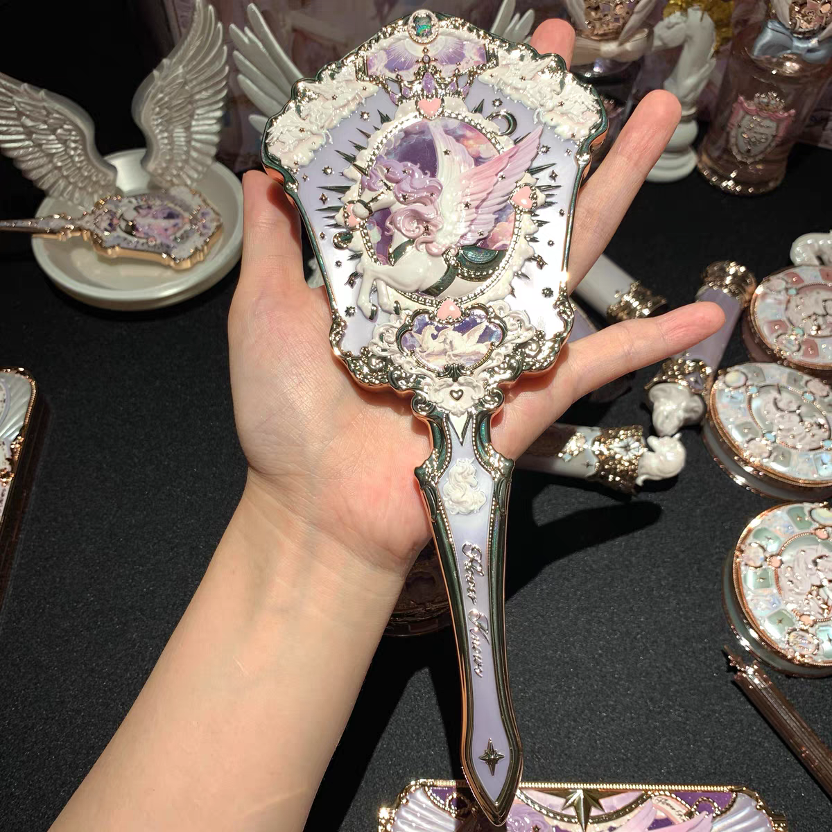 Flower knows knight unicorn handled makeup mirror