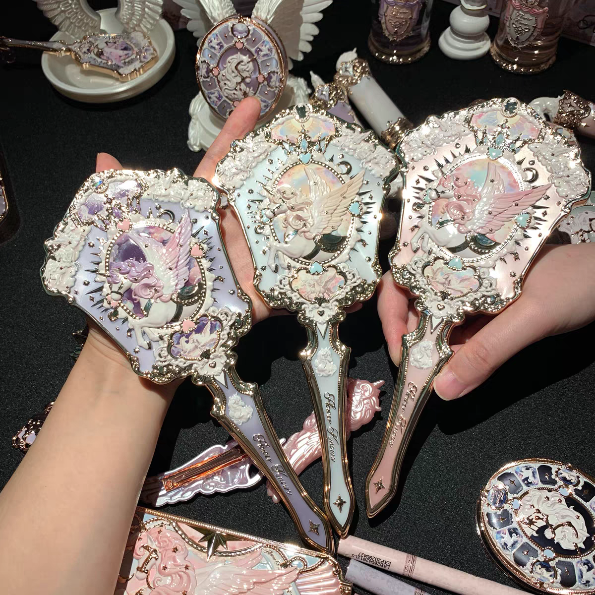 Flower knows knight unicorn handled makeup mirror