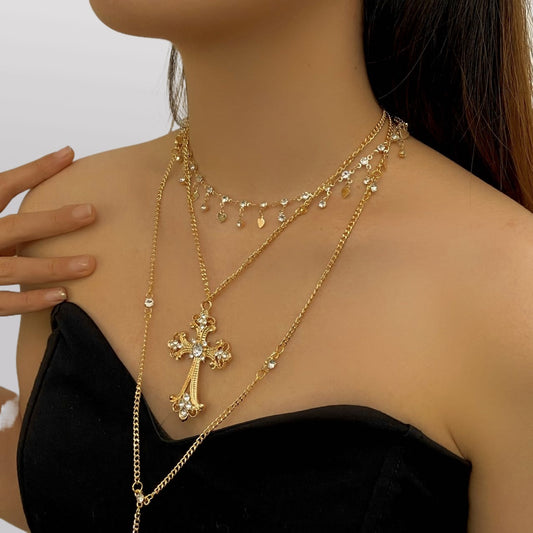Multi layer cross Dimond necklace