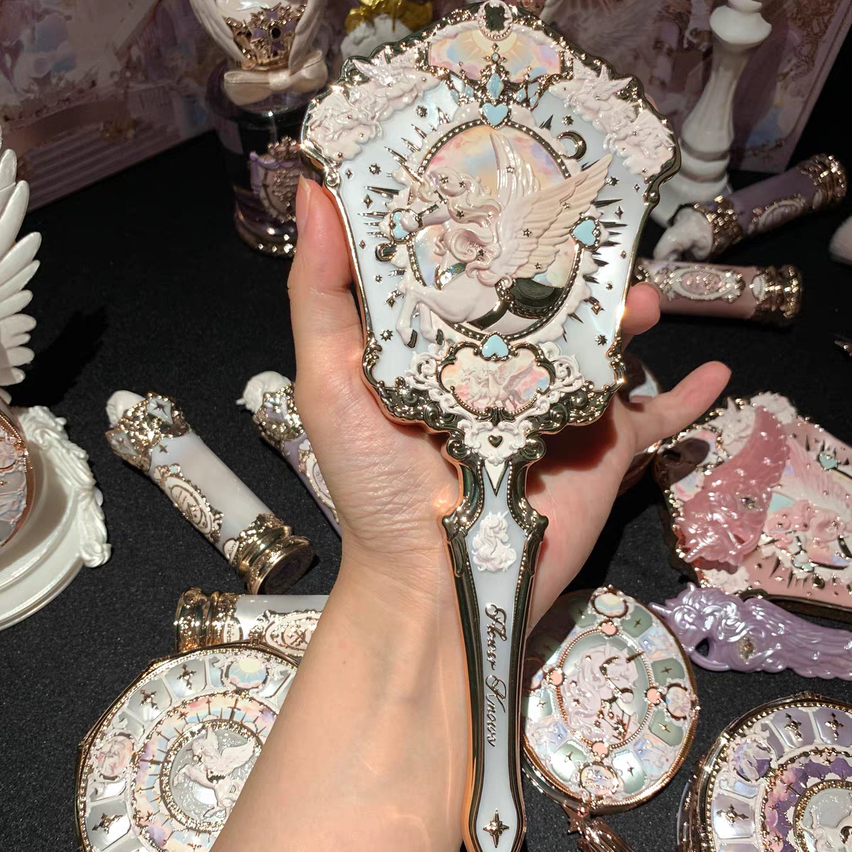 Flower knows knight unicorn handled makeup mirror